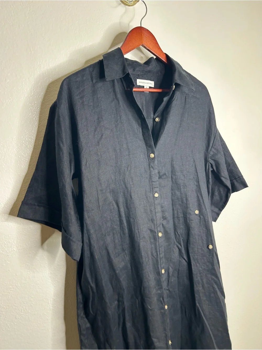 Banana Republic 100% Linen Black Asymmetrical Button Down Shirt Dress - Picture 2 of 15